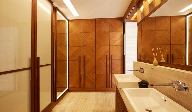 A wooden theme washroom passage