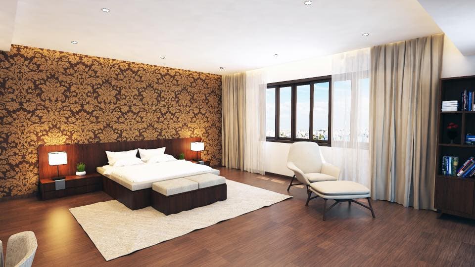 Spacious Bedroom Consists of Rectangular Wooden Bed