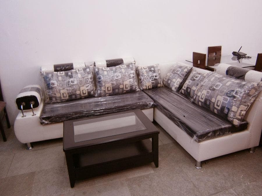 White & Brown Leather Upholstered L-Shape Sofa