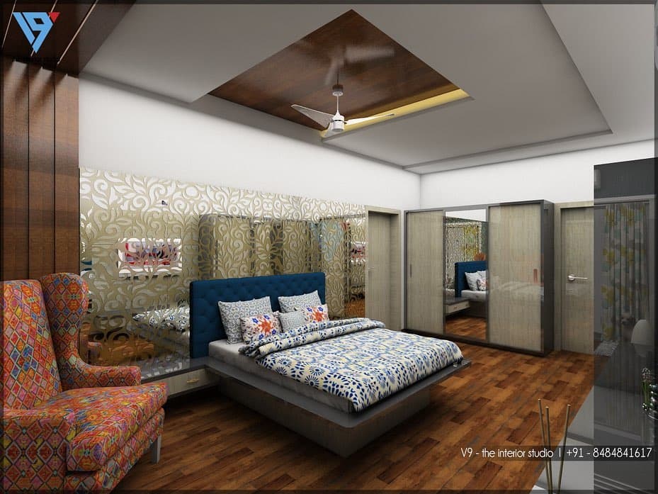 Modern Bedroom with the Rectangular Grey upholstered Bed