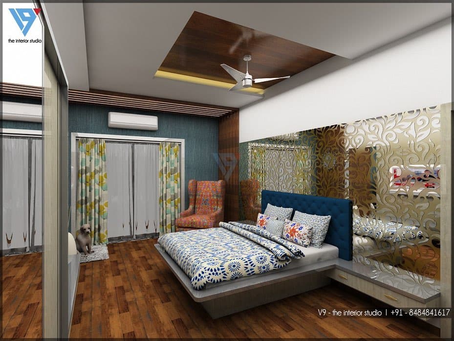 Modern Bedroom with the Rectangular Grey upholstered Bed