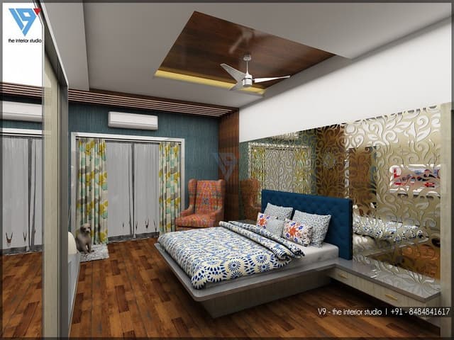 Modern Bedroom with the Rectangular Grey upholstered Bed