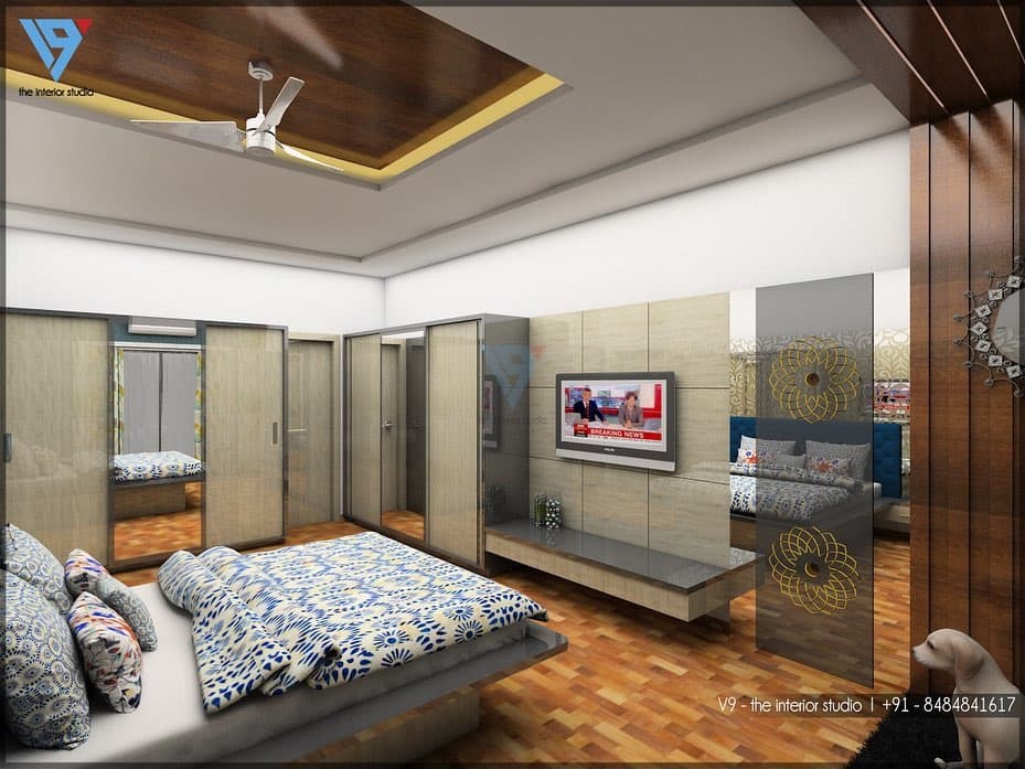 Modern Bedroom with the Rectangular Grey upholstered Bed