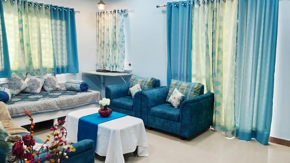 Blue Coloured Velvet Upholstered Sofa