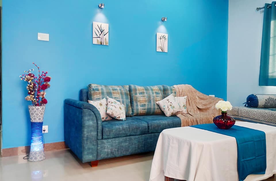 Blue Coloured Velvet Upholstered Sofa