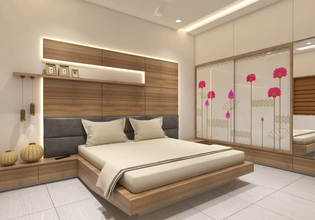 Wooden Bed with Grey Upholstered Backrest