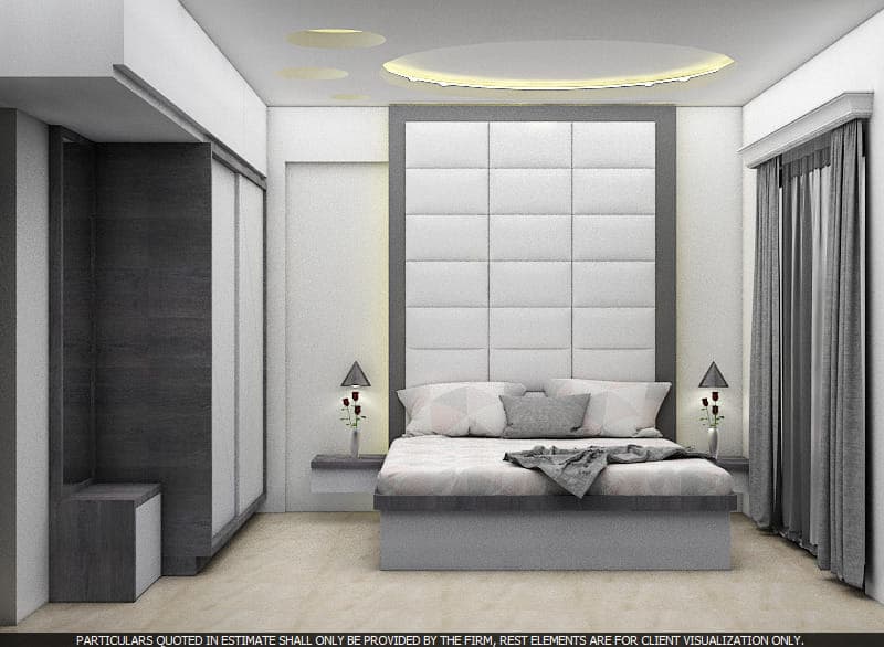White & Grey Bedroom with a Grey Rectangular Bed