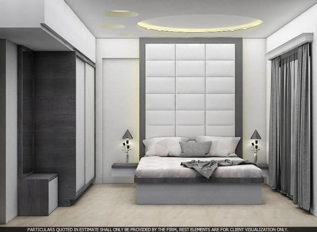 White & Grey Bedroom with a Grey Rectangular Bed