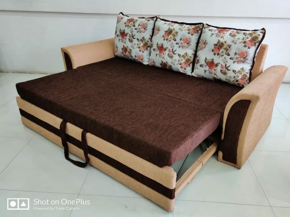 Beige & Brown Upholstered Sofa Cum Bed