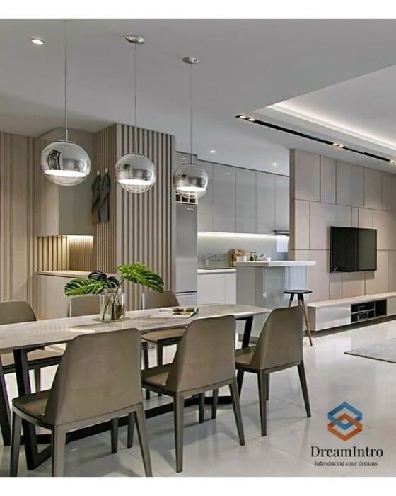 Modern Dining Area Featuring a Shiny White Table