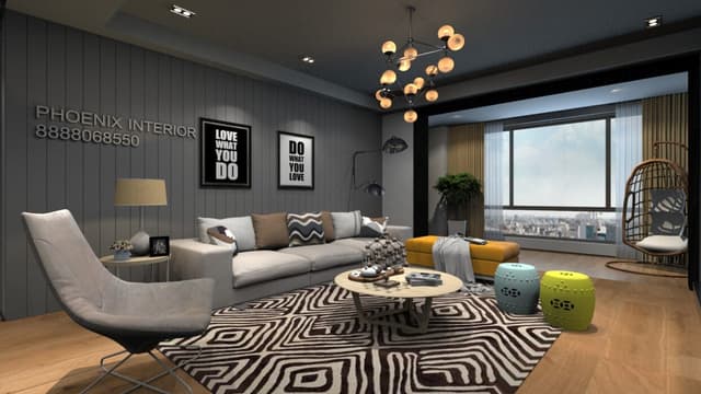 Living Room Features Wooden Flooring and Grey Panelled Walls