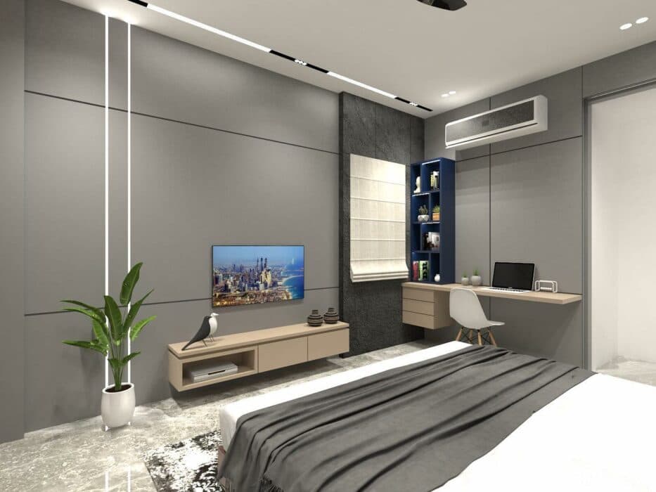 T. V. Unit placed in a monochromatic-themed Bedroom