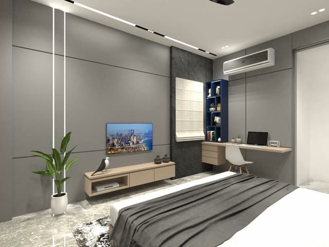 T. V. Unit placed in a monochromatic-themed Bedroom