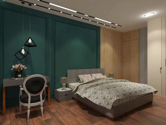Modern Bedroom Features Green Walls and Wooden Floors