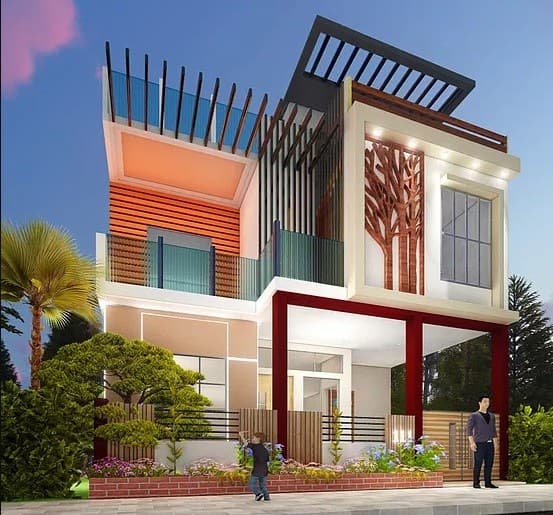 2-Storey-Residence-having-Dark-Red-Frame-Defining-Entrance-at-the-Ground-Floor.-White-Massing-on-the-Upper-Floor-Has-L-Band-Glazed-Window-Tree-Branch-Wall-Treatment-for-Aesthetic-Purpose. Design Detail Banner 0