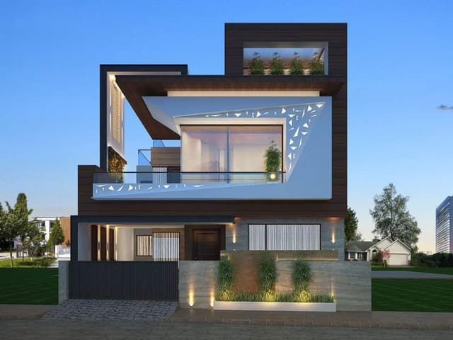 3D-Exterior-View-of-Contemporary-Styled-G1-Bungalow-with-an-Angular-Elevation-Balcony-incl.-Glass-Railing-Backlit-Acrylic-Jali Swiper Content 0