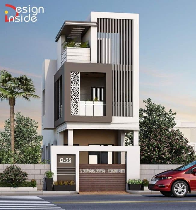 3D-Exterior-View-of-Modern-Styled-G1-Linear-House-in-White-Grey-Colour-Scheme Design Detail Banner 0