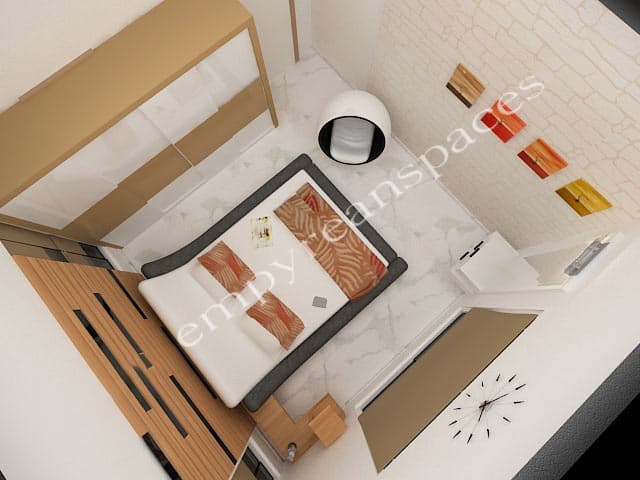 3D-View-of-Bedroom-incorporating-Double-Bed-Wooden-Side-Table-Bed-Back-Wall-with-Wooden-Wall-Panelling Swiper Content 0