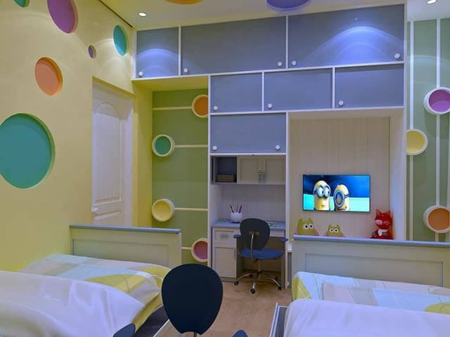 3D-View-of-Children-Bedroom-in-Yellow-Cobalt-Grey-Colour-Theme-with-Built-in-2-Single-Wooden-Beds-in-Box-Wall-Shelve-3 Swiper Content 3