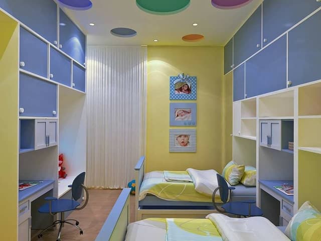 3D-View-of-Children-Bedroom-in-Yellow-Cobalt-Grey-Colour-Theme-with-Built-in-2-Single-Wooden-Beds-in-Box-Wall-Shelves Swiper Content 0