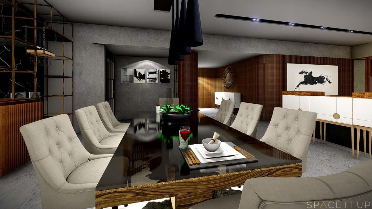3D-View-of-Contemporary-Dining-Room-with-8-Seater-Wooden-Dining-Table-with-Glass-Tabletop-Upholstered-Button-Tufted-Dining-Chairs-Side-Metal-Display-Unit-for-Decor-Pieces Design Detail Banner 0