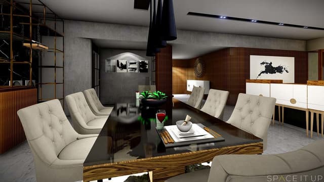 3D-View-of-Contemporary-Dining-Room-with-8-Seater-Wooden-Dining-Table-with-Glass-Tabletop-Upholstered-Button-Tufted-Dining-Chairs-Side-Metal-Display-Unit-for-Decor-Pieces Swiper Content 0