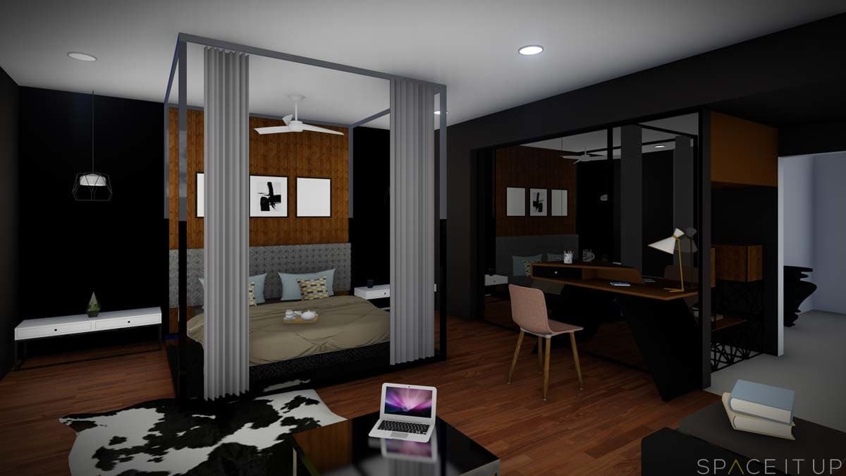 3D-View-of-Contemporary-Master-Bedroom-with-Modern-Canopy-Bed-Side-tables-with-Drawers-Pendant-Lights-above Design Detail Banner 0