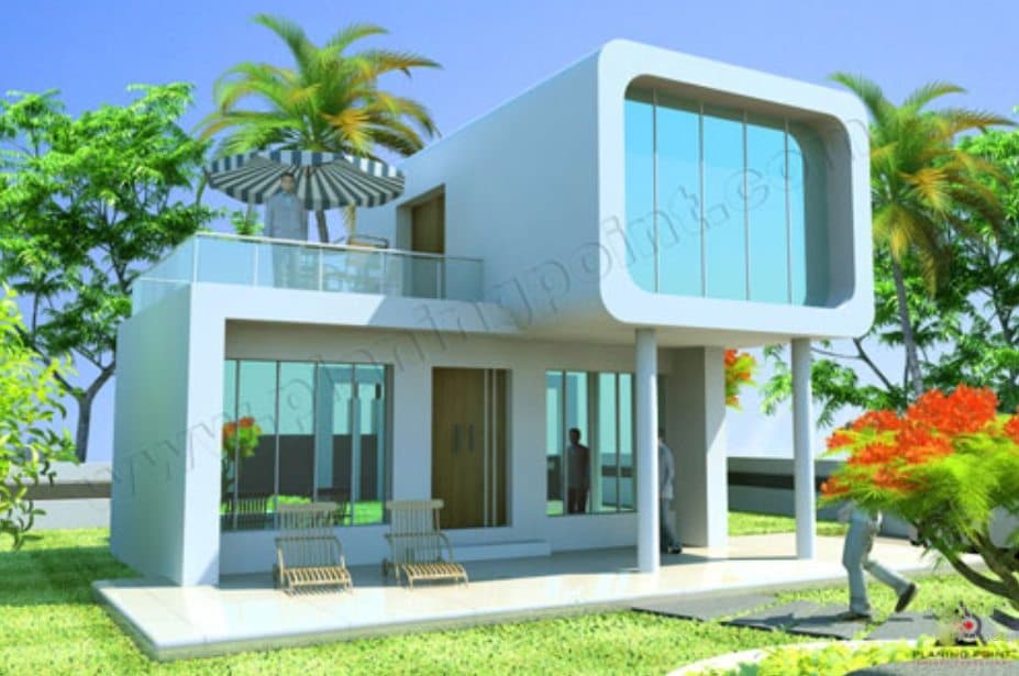 3D-View-of-Contemporary-Styled-White-Themed-G1-Bungalow-with-extended-Glazed-Concrete-Structure-with-Round-Corners-supported-on-Circular-Column-Terrace-with-Glass-Railing. Design Detail Banner 0