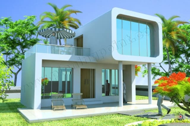 3D-View-of-Contemporary-Styled-White-Themed-G1-Bungalow-with-extended-Glazed-Concrete-Structure-with-Round-Corners-supported-on-Circular-Column-Terrace-with-Glass-Railing. Swiper Content 0