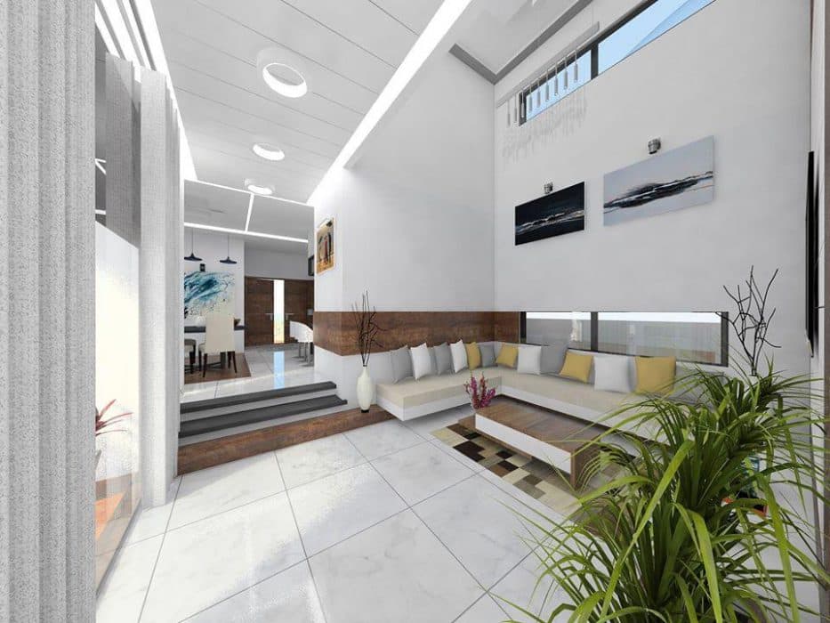 3D-View-of-Double-Heighted-Living-Room-with-L-Shaped-Cushioned-Sofa-in-front-of-Sofa-Back-Wall-with-Rectangular-Windows-Wall-Paintings Design Detail Banner 0