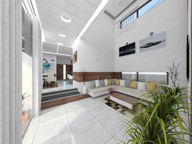 3D-View-of-Double-Heighted-Living-Room-with-L-Shaped-Cushioned-Sofa-in-front-of-Sofa-Back-Wall-with-Rectangular-Windows-Wall-Paintings Swiper Content 0