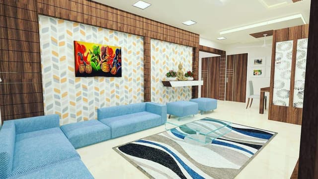 3D-View-of-Living-Room-containing-Light-Blue-Fabric-Upholstered-Modular-Sectional-Sofa-incl-Lounge-Rectangular-Ottomans-Rug-Sofa-Back-Wall-with-Wooden-Panelling. Swiper Content 0