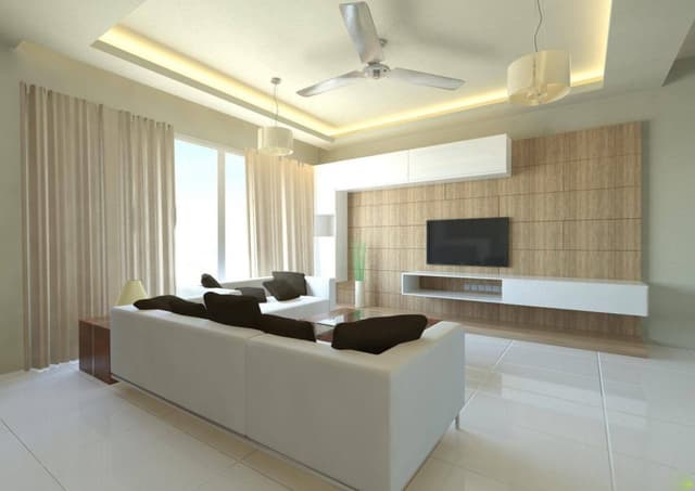 3D-View-of-Living-Room-incorporating-Square-Armed-White-Sofa-Set-Brown-Cushions-Glass-Top-Center-Table-End-Table-with-Table-Lamp-TV-Unit-Wall-with-Wooden-Paneling-highlighted-with-Grooves Swiper Content 0