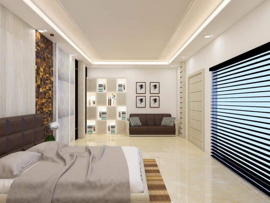 3D-View-of-Master-Bedroom-in-Offwhite-Theme-accommodating-Upholstered-Bed-with-Square-Padded-Headbaord-2 Design Detail Banner 1