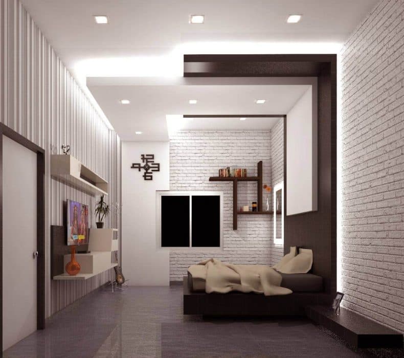 A-3D-View-of-Contemporary-Bedroom-with-a-Wooden-Bed-attached-Side-Tables-TV-Wall-Mounted-Unit-with-Enclosed-Open-Boxes Design Detail Banner 0