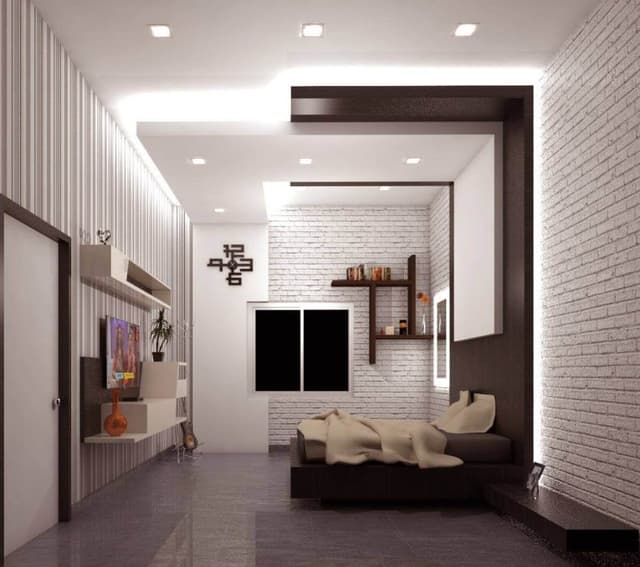 A-3D-View-of-Contemporary-Bedroom-with-a-Wooden-Bed-attached-Side-Tables-TV-Wall-Mounted-Unit-with-Enclosed-Open-Boxes Swiper Content 0