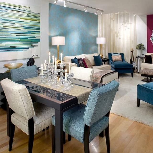 A-4-Seater-Wooden-Dining-Table-with-Off-White-Blue-Upholstered-Chair Swiper Content 0