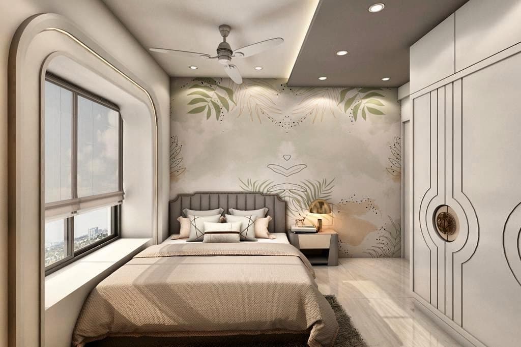 A-Bed-is-Place-Attached-to-the-Window-in-this-Beautiful-Off-White-Bedroom.-Panelling-on-Window-Side-Wall-is-Done-with-Curved-Border-LED-Strip-Light. Design Detail Banner 0
