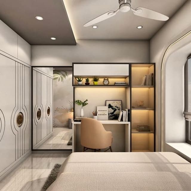 A-Bed-is-Place-Attached-to-the-Window-in-this-Beautiful-Off-White-Bedroom.-Panelling-on-Window-Side-Wall-is-Done-with-Curved-Border-LED-Strip-Light Swiper Content 1