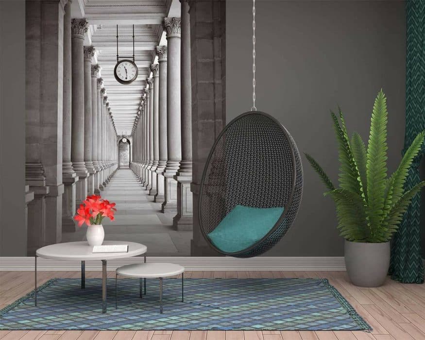 A-Hanging-Chair-in-Woven-Texture-with-Black-Colour-Teal-Blue-Coloured-Cushion. Design Detail Banner 0