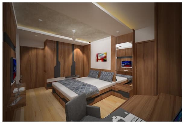 A-Modern-Bedroom-with-a-Wooden-Exposure-of-Furniture-Flooring.-Wooden-Bed-with-Headboard-one-Side-Table-with-a-Mirror-on-Wall-used-for-a-Dress Design Detail Banner 0