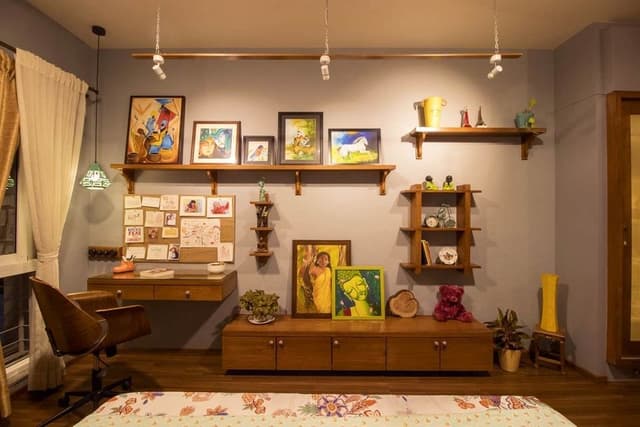 A-Modern-Rustic-Bedroom-is-well-designed-with-a-Gallery-Wall.-The-Bedroom-includes-Wooden-Platform-Bed-Wooden-Partition-with-Jali.-3 Swiper Content 2