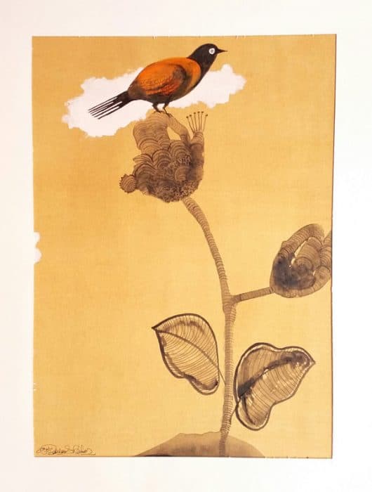 A-Prange-Bird-on-a-Plant.-Painting-is-done-on-a-Paper-with-Water-Colour-best-suitable-for-Home-Decor.-Its-Size-is-12-inch-X-16-inch. Swiper Content 0