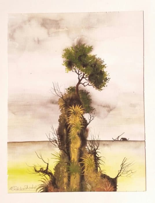 A-Slender-Hill-with-Many-Trees-a-Sea-far-behind-with-a-Man-riding-Boat.-This-Painting-is-done-on-a-Paper-with-Water-Colour-best-suitable-for-Home-Decor. Design Detail Banner 0