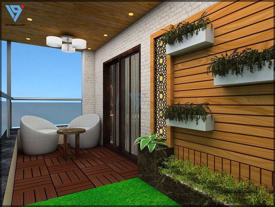 Balcony-has-a-White-Upholstered-Chair-with-Wooden-Coffee-Table Balcony has a White Upholstered Chair with Wooden Coffee