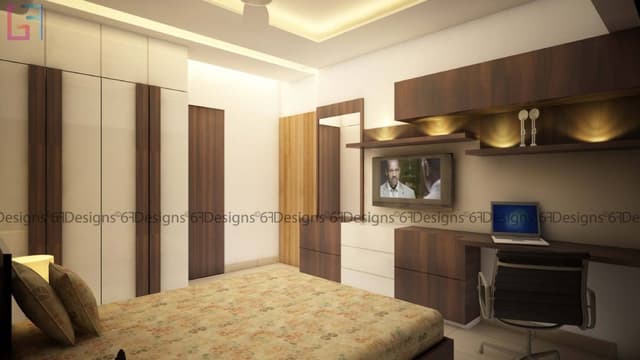 Bedroom-designed-with-Wooden-Bed-Study-Table-Chair-Linear-Wooden-Shelves-highlighted-by-Spot-Lights Swiper Content 0