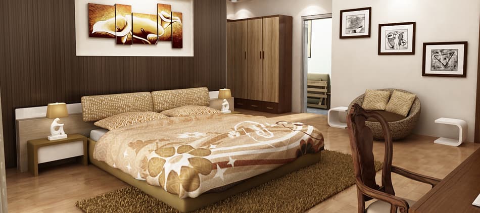 Bedroom-having-Wooden-Flooring-incorporates-Upholstered-Double-Bed-Wooden-Side-Tables-with-Table-Lamps. Design Detail Banner 0