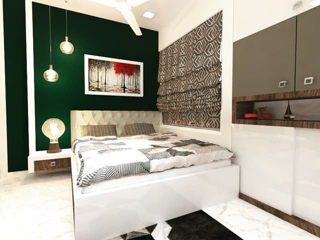 Bedroom-incorporating-Corner-Wooden-Bed-with-Storage-attached-Wall-Mounted-Wooden-Side-Table-with-Bulb-Shaped-Table-Lamp-Upholstered-Tufted-Headboard. Swiper Content 0