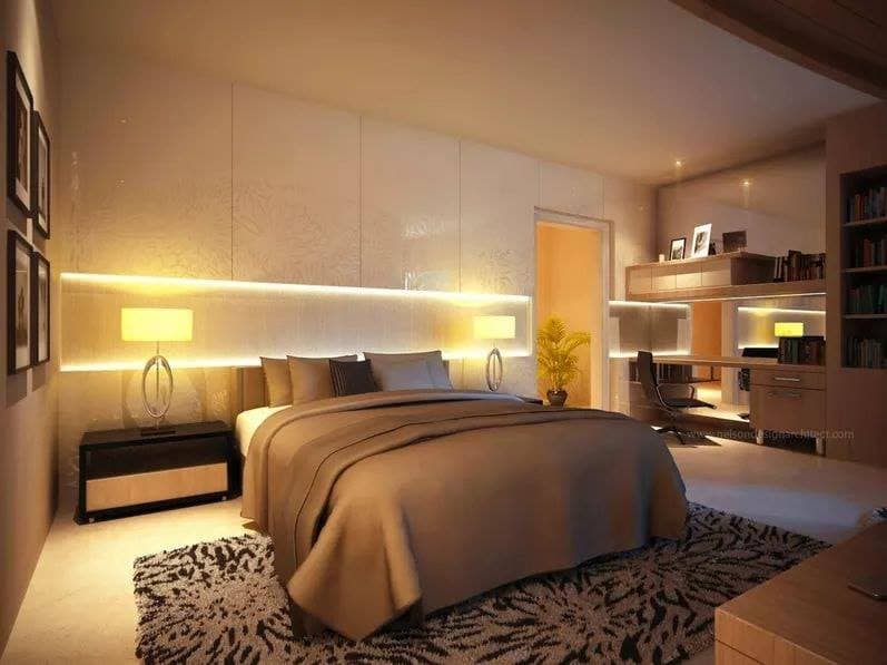 Bedroom-incorporating-Double-Bed-with-Cushion-Headboard-Floor-Mounted-Wooden-Side-Tables-with-Table-Lamp-Bed-Back-Wall-with-Wooden-Panelling-highlighted. Design Detail Banner 0
