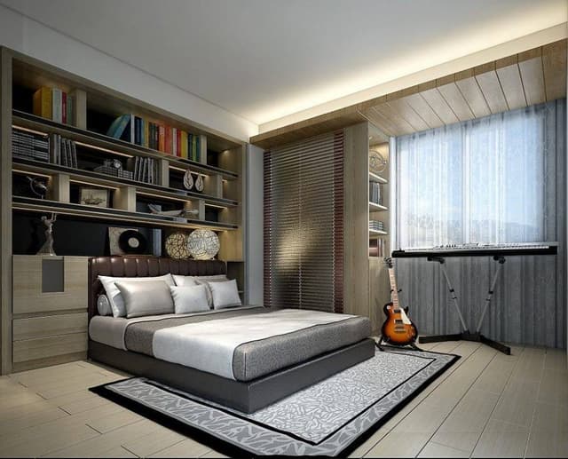 Bedroom-incorporating-Grey-Upholstered-Double-Bed-Brown-Leather-Square-Tufted-Headboard-Grey-Printed-Rug-Bed-Back-Wall-with-Wooden-Storage-Cabinet-comprising-of-Shelves-for-placing-Books Swiper Content 0